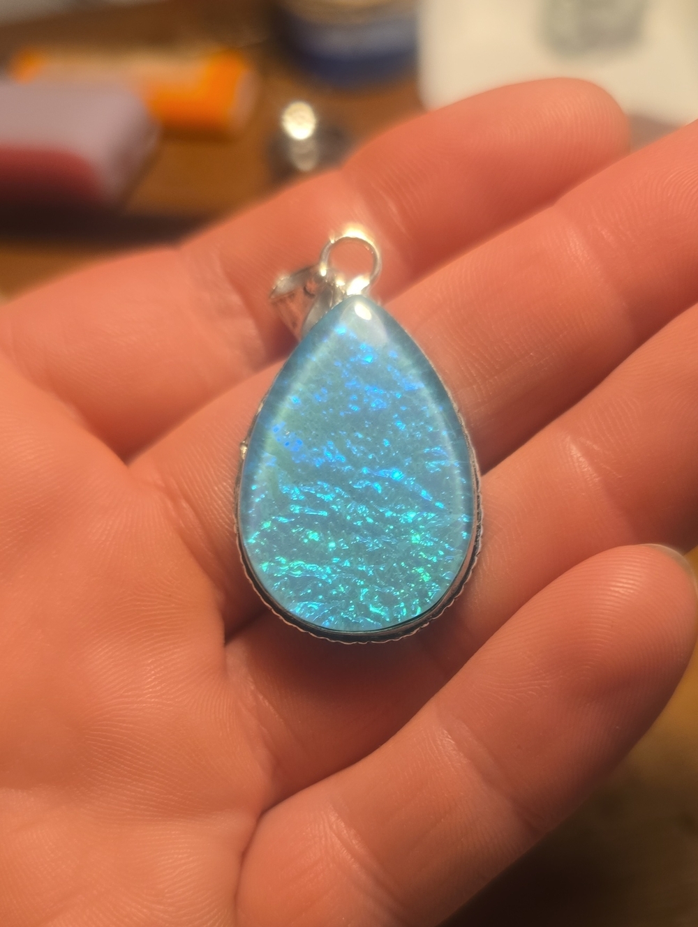 Blue Dichroic Teardrop Pendant Necklace
